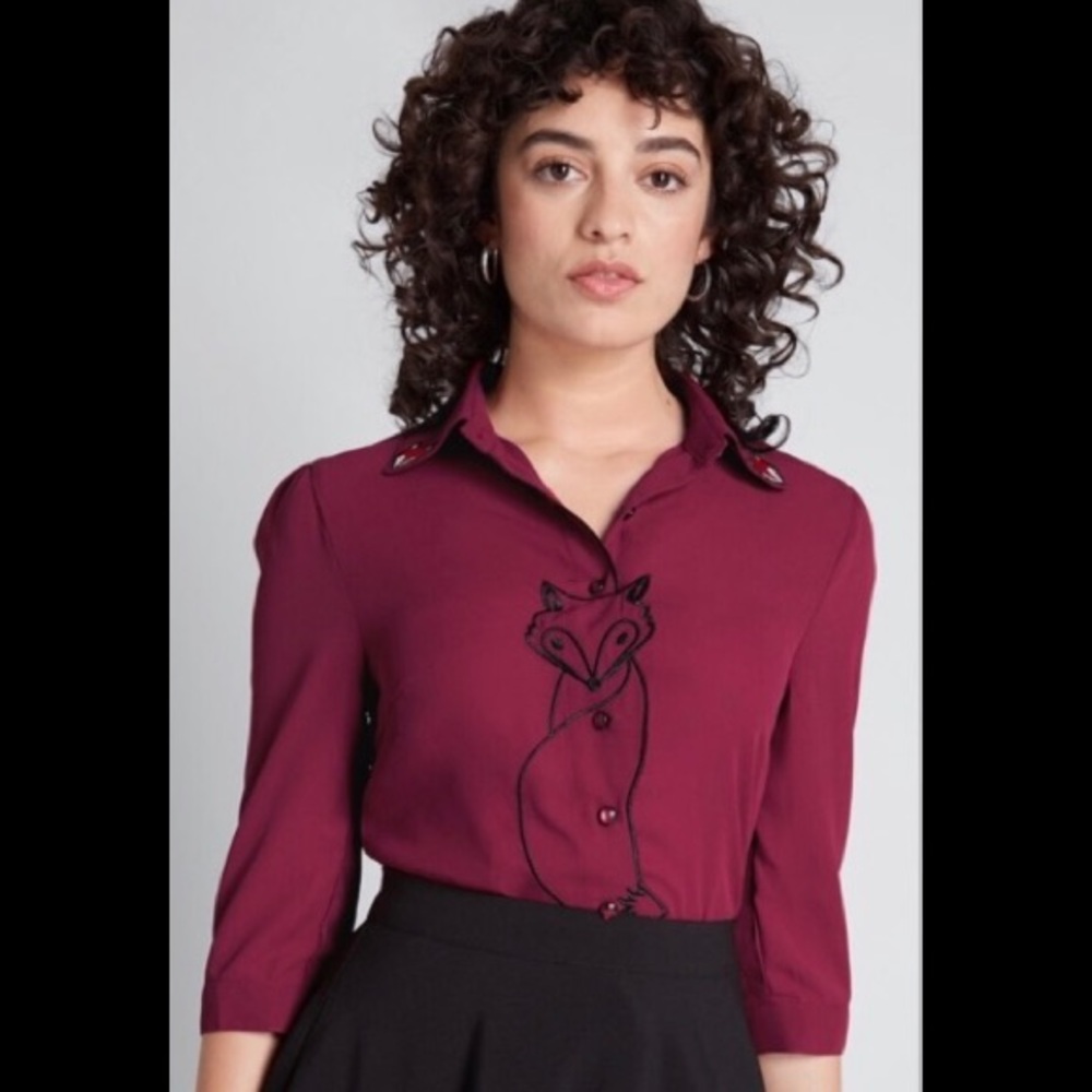 ModCloth royal monk fox button down blouse sm